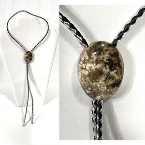 Oval stone and black and silver cord men's bolo tie.